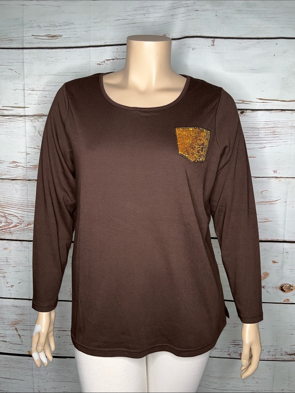 Quacker Factory NWOT Sz 1X Brown - Gold Sequin Pocket Long Sleeve Knit Top Shirt